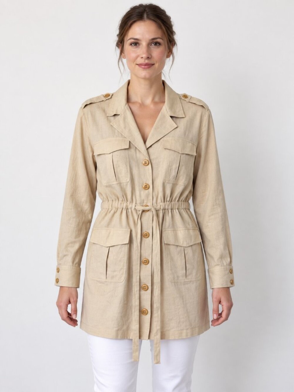 Trina Turk Tan Linen Blend Belted Safari Longline Jacket Women's Large